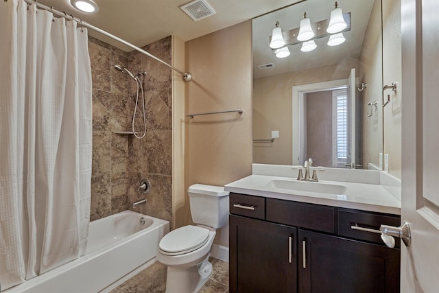 full bath with toilet, visible vents, shower / bath combo with shower curtain, and vanity