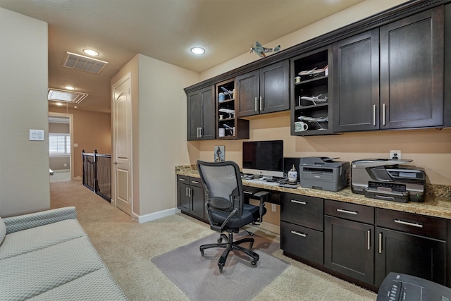 office space featuring recessed lighting, light colored carpet, visible vents, baseboards, and attic access