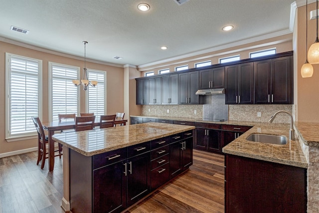 kitchen featuring under cabinet range hood, visible vents, a sink, and ornamental molding