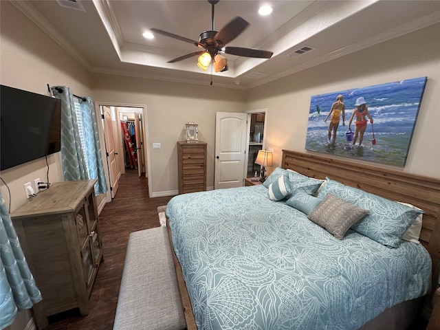 bedroom with dark hardwood / wood-style flooring, a spacious closet, ceiling fan, a raised ceiling, and crown molding