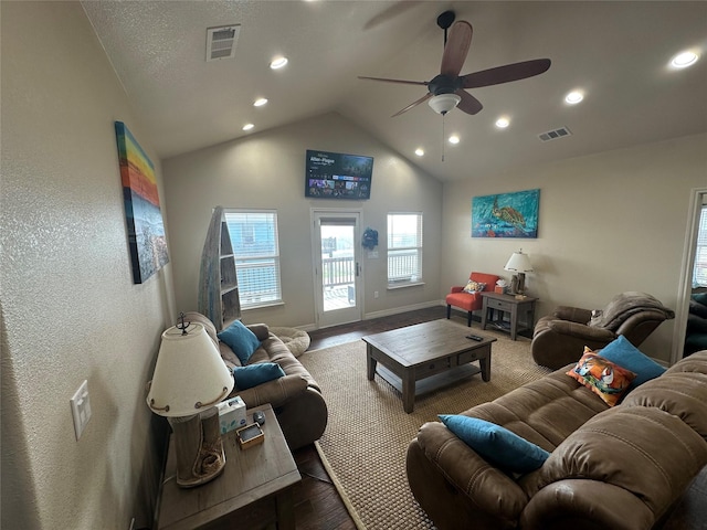 living room with vaulted ceiling and ceiling fan