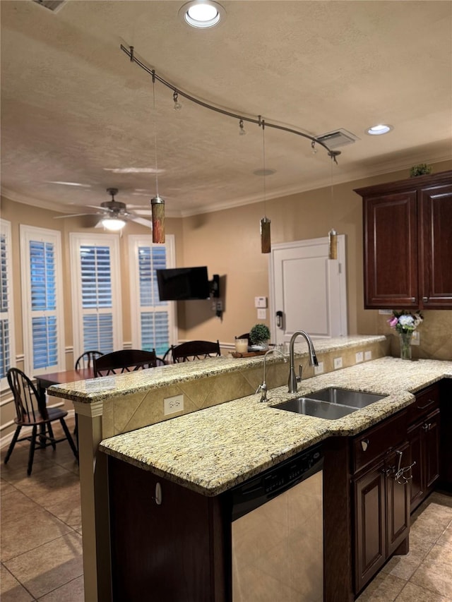 kitchen featuring dark brown cabinetry, a peninsula, a sink, dishwasher, and crown molding