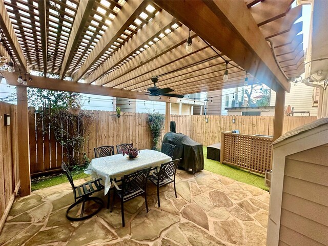 view of patio / terrace with a fenced backyard, grilling area, a pergola, and outdoor dining space