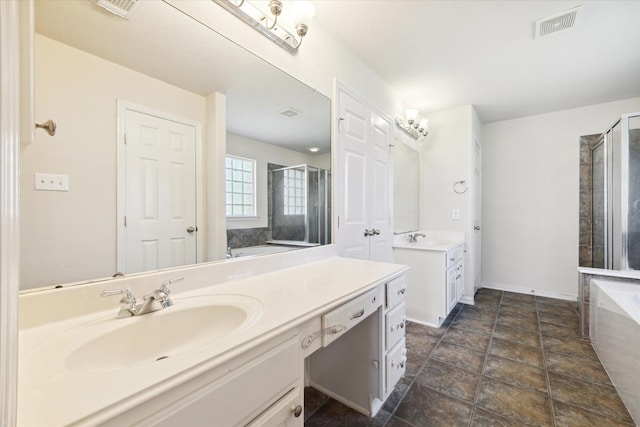 bathroom with vanity and plus walk in shower