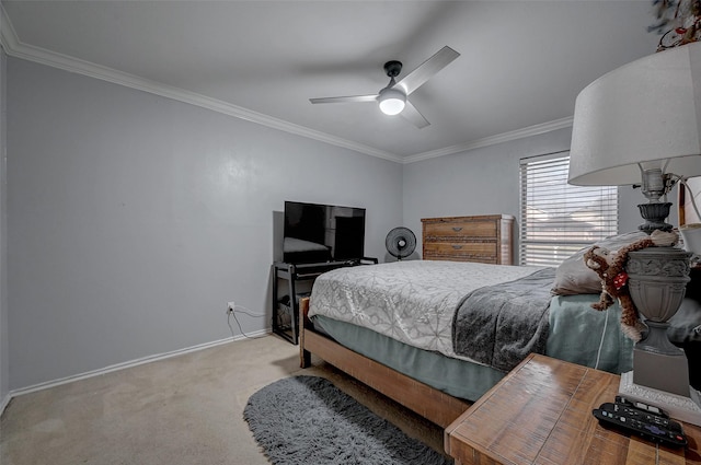 bedroom with light carpet, crown molding, and ceiling fan