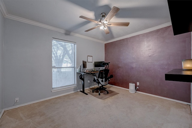 office with ornamental molding, light colored carpet, and ceiling fan