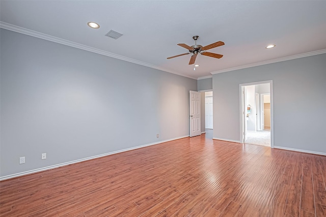 unfurnished room featuring crown molding, ceiling fan, and light hardwood / wood-style floors