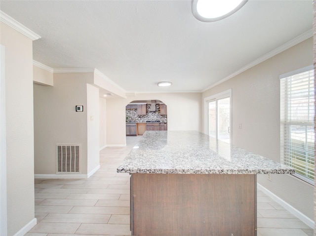 kitchen with tasteful backsplash, ornamental molding, a healthy amount of sunlight, and light stone countertops