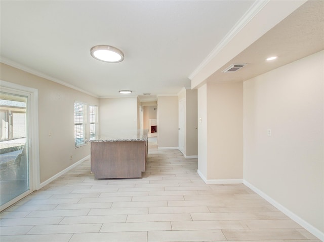 unfurnished living room featuring crown molding and light wood-type flooring