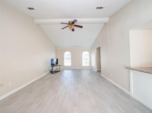 unfurnished living room with ceiling fan, light hardwood / wood-style flooring, high vaulted ceiling, and beamed ceiling