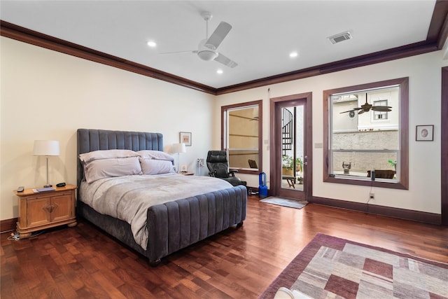 bedroom with crown molding, access to exterior, and dark hardwood / wood-style flooring