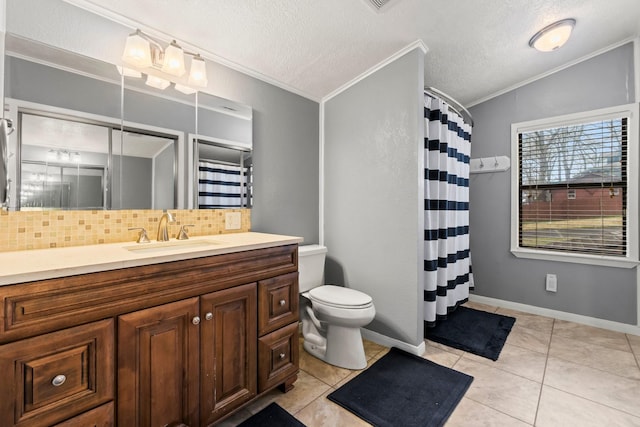 bathroom featuring toilet, tasteful backsplash, a textured ceiling, ornamental molding, and vanity