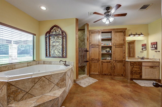 bathroom with shower with separate bathtub, vanity, and ceiling fan