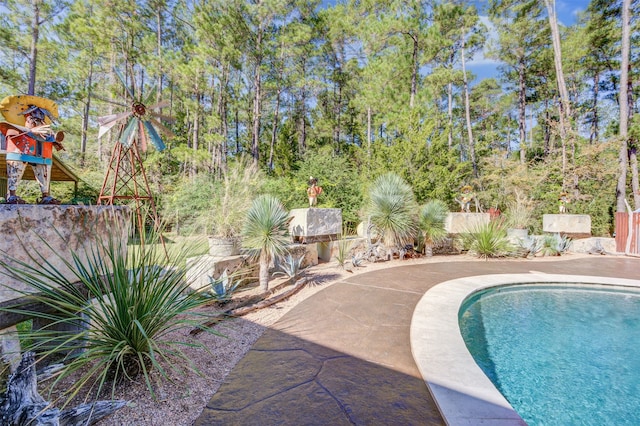 view of pool with a playground and a patio