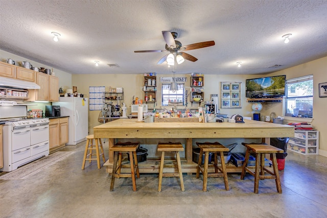 kitchen featuring a textured ceiling, a wealth of natural light, light brown cabinetry, and white appliances