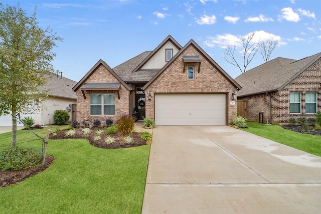 view of front of property featuring a garage and a front lawn