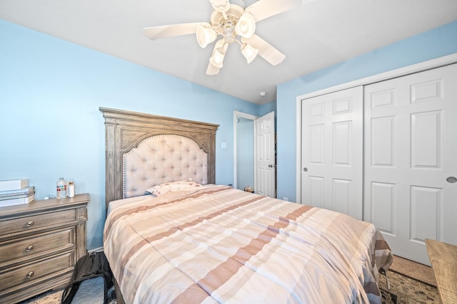 bedroom with ceiling fan and a closet