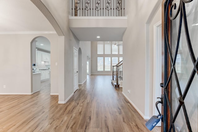 entrance foyer featuring crown molding, a towering ceiling, and light hardwood / wood-style floors