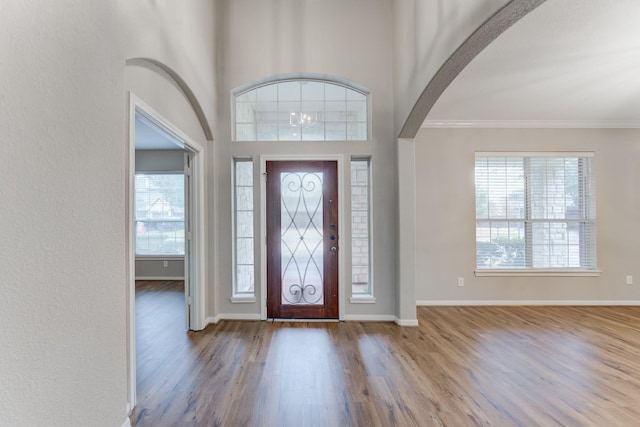 entrance foyer with ornamental molding, light hardwood / wood-style floors, and a high ceiling