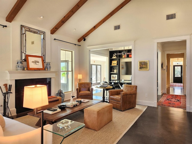 living room featuring high vaulted ceiling, concrete floors, and beamed ceiling