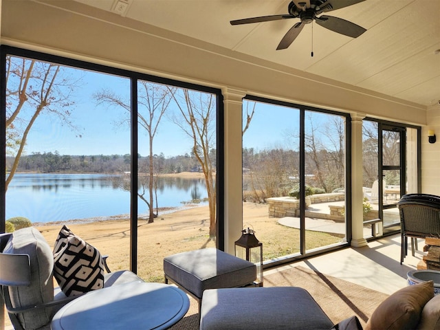 sunroom / solarium with a water view