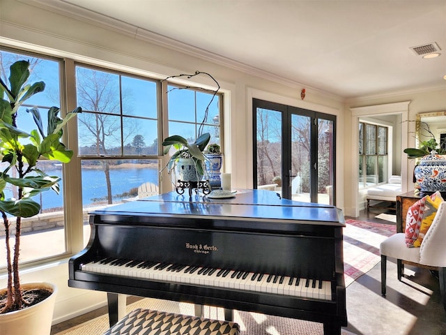 miscellaneous room with wood-type flooring, ornamental molding, a healthy amount of sunlight, and a water view