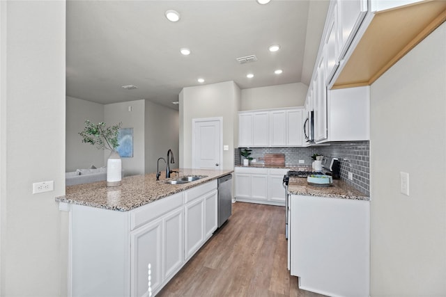 kitchen with white cabinetry, sink, light stone counters, and stainless steel appliances