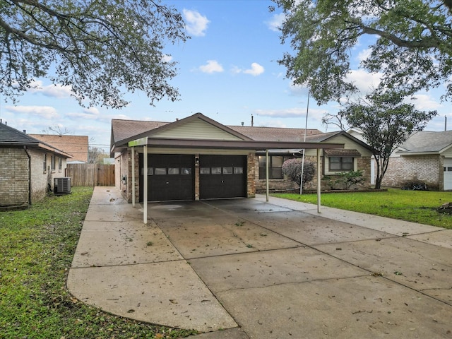 single story home featuring a carport, central AC unit, and a front lawn