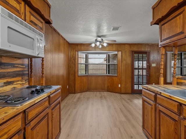 kitchen featuring plenty of natural light, stovetop, light hardwood / wood-style flooring, and a textured ceiling