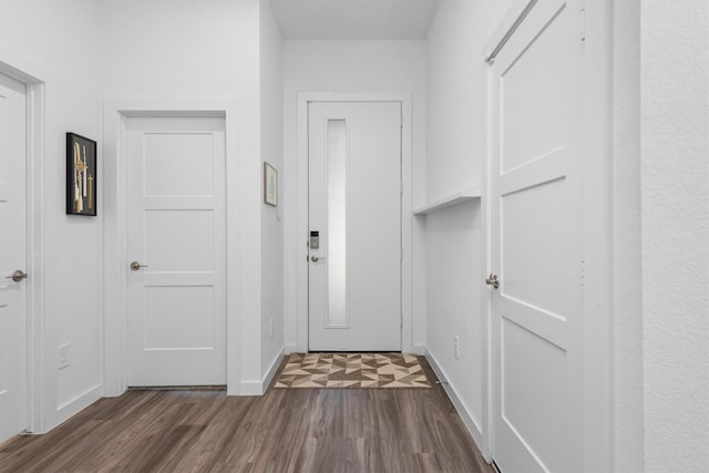 doorway with dark wood-type flooring