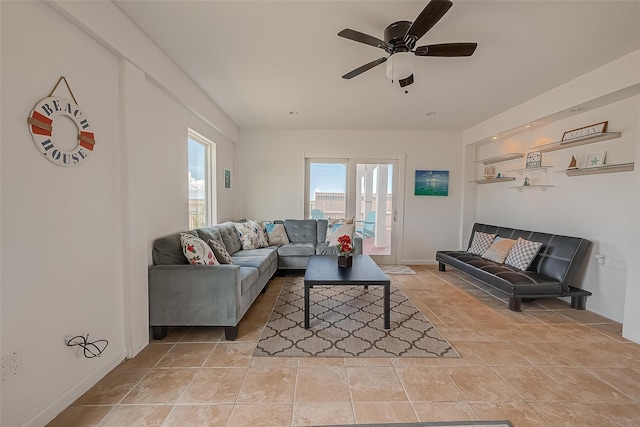 living room with ceiling fan