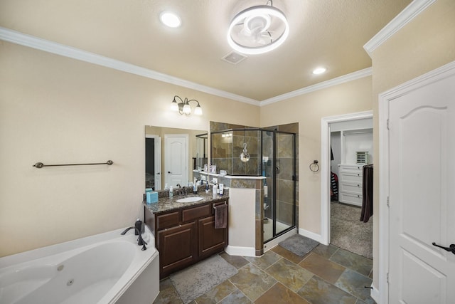 bathroom with vanity, separate shower and tub, and crown molding