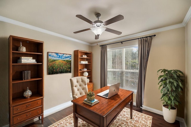 office area with ornamental molding, dark hardwood / wood-style floors, and ceiling fan