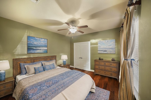 bedroom featuring dark wood-type flooring, a closet, and ceiling fan