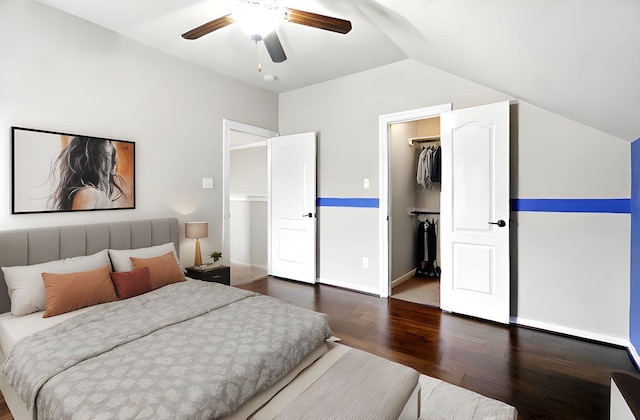 4715 Cedarfield Rd, Katy, TX 77494 - bedroom featuring wood finished floors, a spacious closet, vaulted ceiling, ceiling fan, and a closet