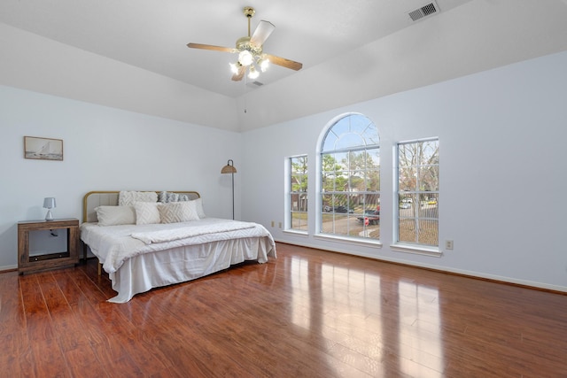 bedroom featuring hardwood / wood-style flooring and ceiling fan