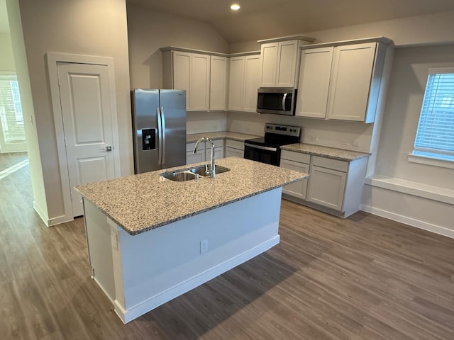 kitchen featuring stainless steel appliances, sink, a kitchen island with sink, and light stone counters