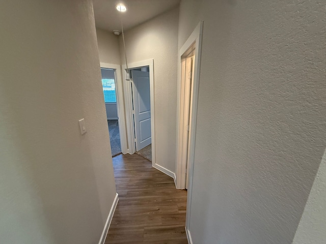 hallway with dark hardwood / wood-style flooring