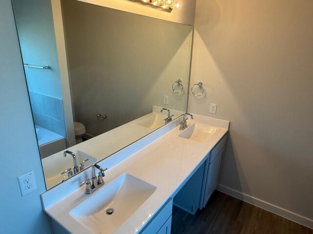 bathroom with vanity, hardwood / wood-style flooring, and toilet