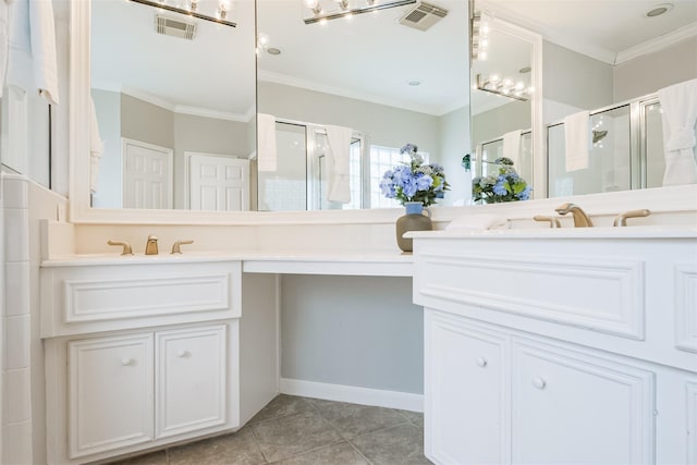 full bathroom featuring vanity, a shower stall, visible vents, and crown molding