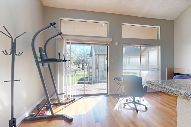 office featuring hardwood / wood-style flooring and a textured ceiling