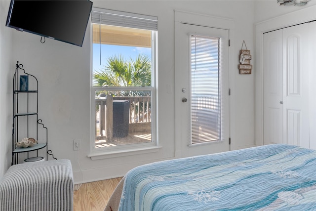 bedroom featuring french doors, a closet, hardwood / wood-style floors, and multiple windows