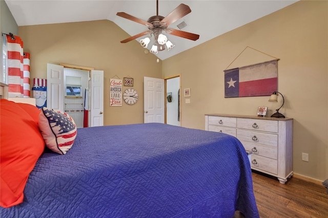 bedroom with vaulted ceiling, ceiling fan, and dark hardwood / wood-style flooring