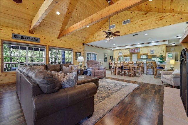 living room with dark hardwood / wood-style floors, a healthy amount of sunlight, beam ceiling, and wood walls