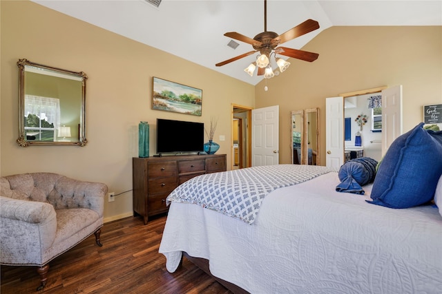 bedroom featuring ceiling fan, lofted ceiling, and dark hardwood / wood-style flooring