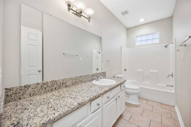 full bathroom with tile patterned flooring, vanity, bathtub / shower combination, and toilet