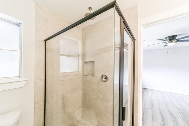 bathroom with ceiling fan, toilet, and a shower with shower door