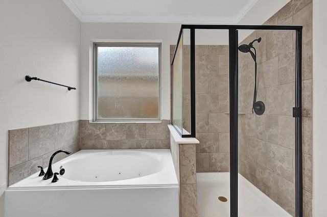 bathroom featuring a wealth of natural light, ornamental molding, and separate shower and tub