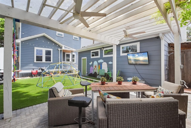 view of patio with a ceiling fan, outdoor dining space, an outdoor hangout area, and a pergola