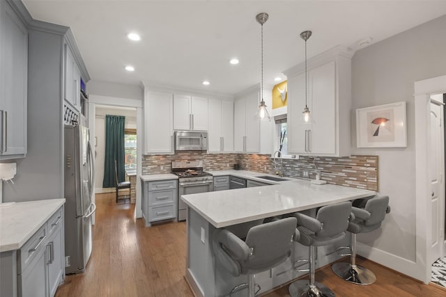 kitchen with gray cabinetry, stainless steel appliances, a peninsula, a sink, and pendant lighting